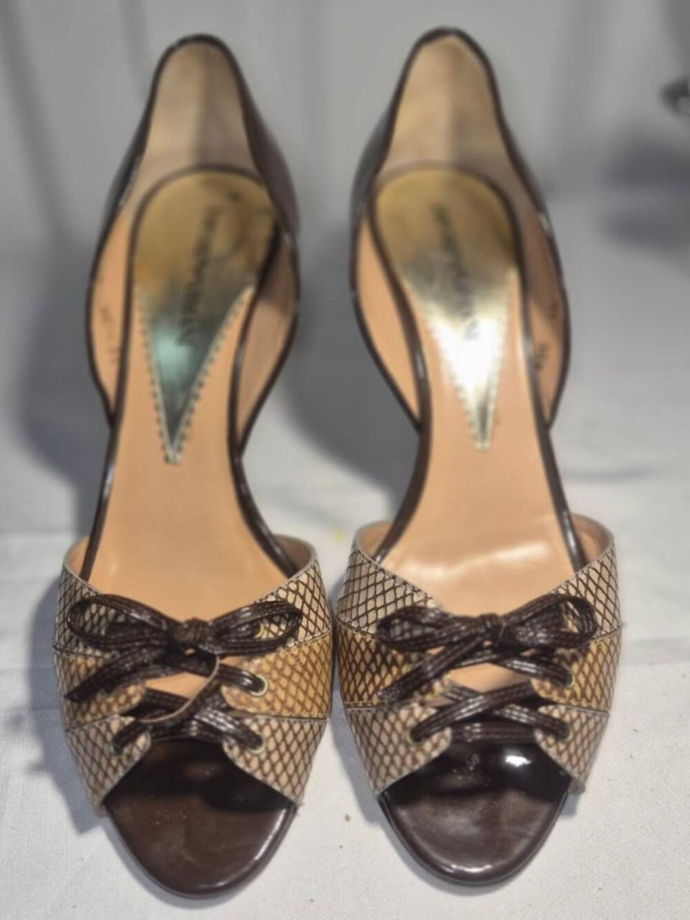 Emporio Armani Brown and Tan Peep-Toe Lace-Up Pumps 38.5